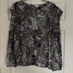 LOFT Olive Paisley Ruffle-Trim Long Sleeve Blouse